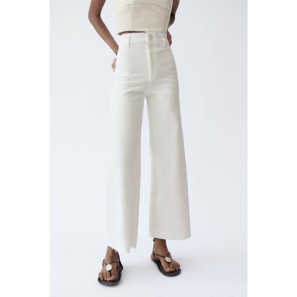 Zara White Marine High Waisted Wide Leg Raw Hem Jeans Size 6 /28 Minimal Sailor